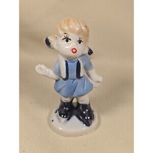 VTG Blue & White Porcelain Blonde Little Girl Waving Figurine Pigtails Kitchy